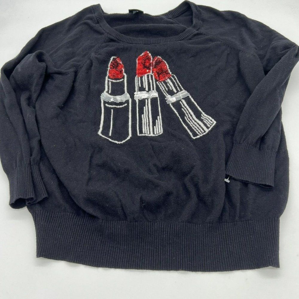Torrid Black/Red Sequin Sparkle Lipstick Cosmetic Pullover Sweater Size 2/2X